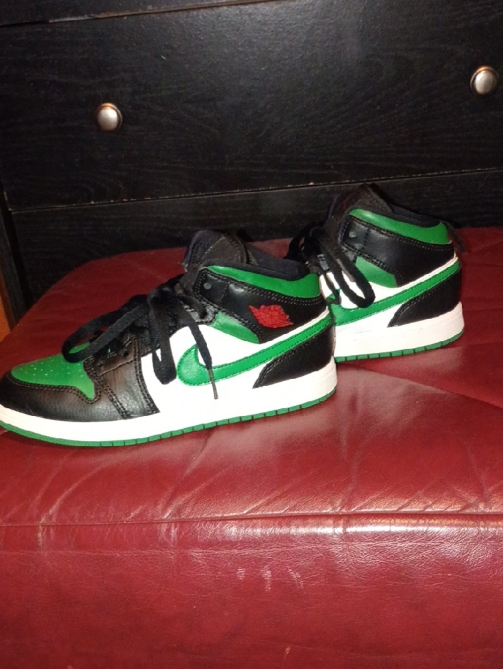Nike Kids Black, Green & White Mid-Top Sneakers with Red Accent